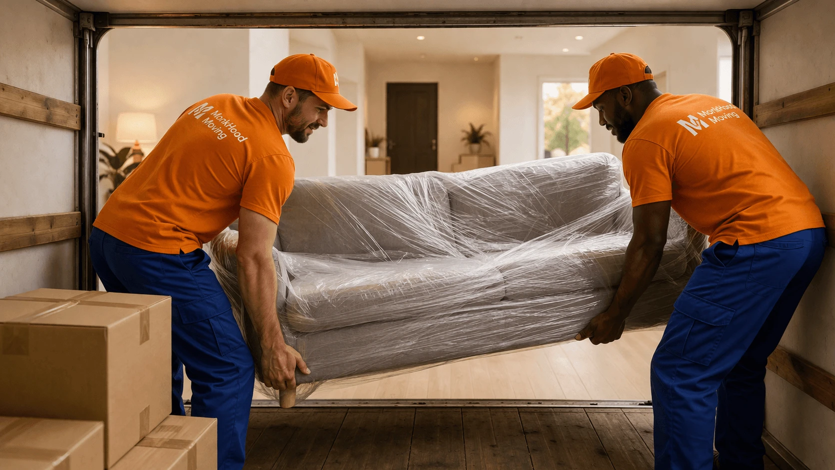 Monkhood movers handling wrapped furniture